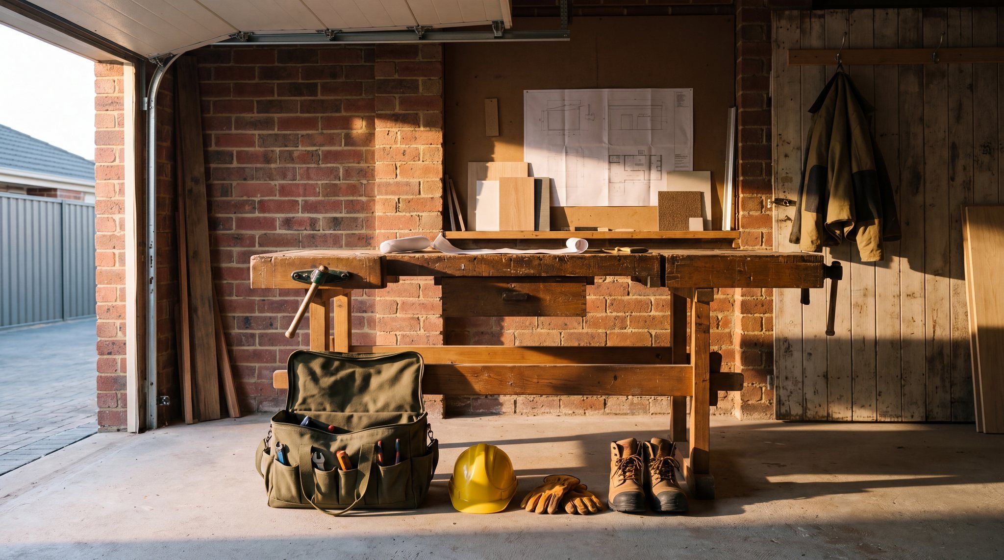 Atelier en briques, porte de garage ouverte : établi en bois, sac à outils en toile kaki ouvert, casque jaune, gants de cuir et chaussures montantes posés au sol, veste accrochée au mur